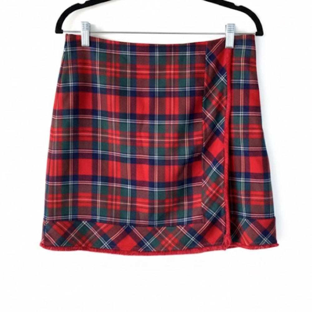 Vineyard Vines Red Tartan Plaid Faux Wrap Mini Skirt Fringe 4 Preppy